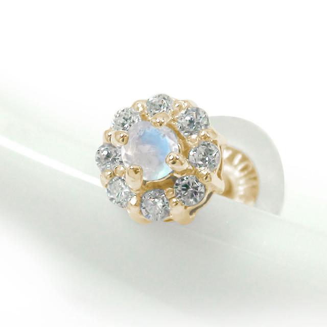 ピアス ブルームーンストーン 誕生石 10金 取り巻き フラワーモチーフ 花 片耳ピアス ダイヤモンド スタッド シリコンキャッチ付き の通販は