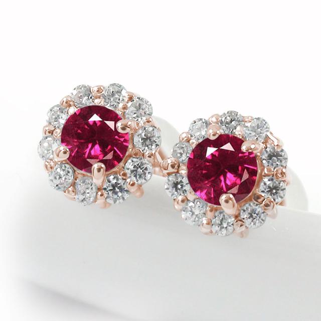 ピアス ピアス ダイヤモンド 18金 ルビー 誕生石 花 取り巻き フラワーモチーフ スタッド シリコンキャッチ付き レディース【送料無料】の通販は