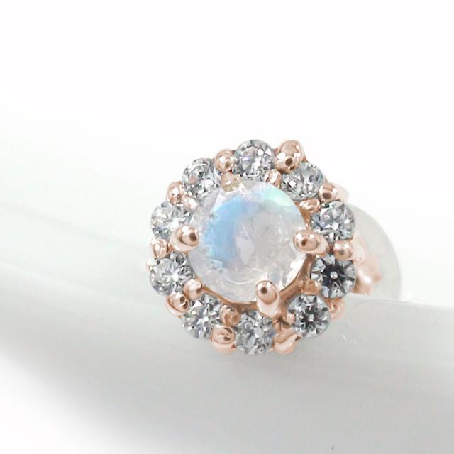 ピアス 片耳ピアス ダイヤモンド 18金 ブルームーンストーン 花 取り巻き フラワーモチーフ 誕生石 スタッド シリコンキャッチ付き の通販は