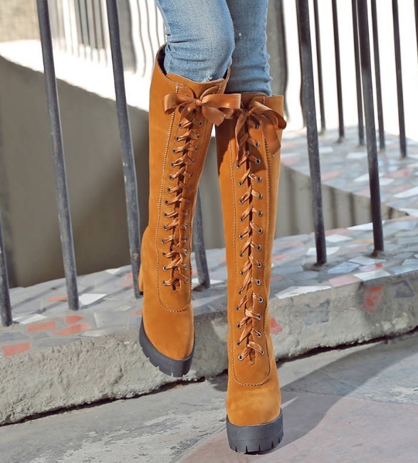 18 秋冬 フロック ニーハイブーツ 海外ブランド Memunia レースアップ ラウンドトゥ ロングブーツ 11 5cm ハイヒール イエローブラウンの通販はau Pay マーケット プレイワン Au Pay マーケット店