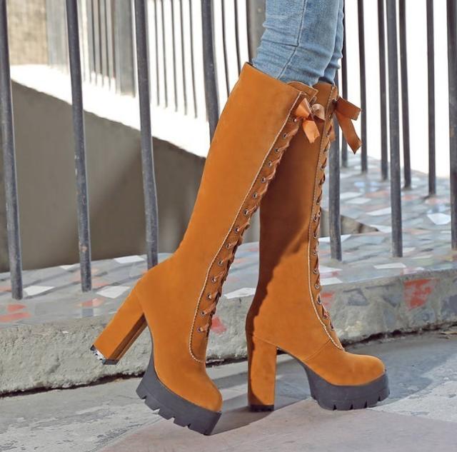 18 秋冬 フロック ニーハイブーツ 海外ブランド Memunia レースアップ ラウンドトゥ ロングブーツ 11 5cm ハイヒール イエローブラウンの通販はau Pay マーケット プレイワン Au Pay マーケット店