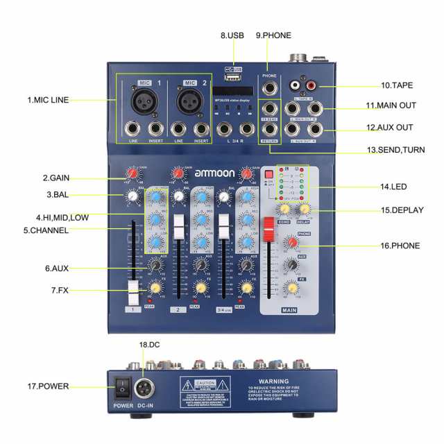 Ammoon F4 Usb 3 チャネル デジタル マイク ライン オーディオのミキシング ミキサー コンソール Dj ステージ カラオケの通販はau Pay マーケット プレイワン Au Pay マーケット店