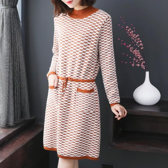 ニットワンピース レディース チュニックワンピース 秋冬 スリップドレス 千鳥格子 ロングワンピース ハイネック セーター 2色 M Xlの通販はau Wowma うらみ販売