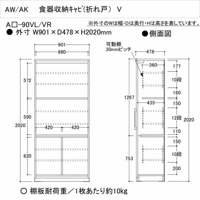 キッチンボード エヴァンティ ホワイト 食器棚 折れ戸 幅90cm 縦型収納 アヤノ 国産 完成品 キャビネット AW-90VR AW-90VL｜au  PAY マーケット