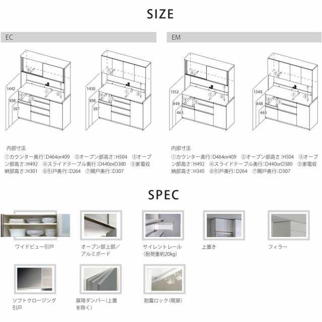 キッチン 食器棚 開き扉 ECB-S1200R 隠す収納 ハイカウンター 幅120