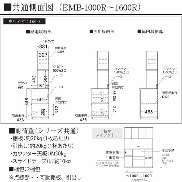 パモウナ キッチン家具 隠す収納 カウンター高さ85 EMB-1400R 幅140