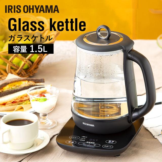 ケトル 電気 電気ケトル ガラス アイリスオーヤマ ガラスケトル 温度調節付 IKE-G1500T-B 1.5L ガラスケトル 温度設定 温度調整 保温機能 安全機能 自動メニュー 空焚き防止 大容量 茶こし付き 湯沸し シンプル おしゃれ 送料無料の通販は 7,593円