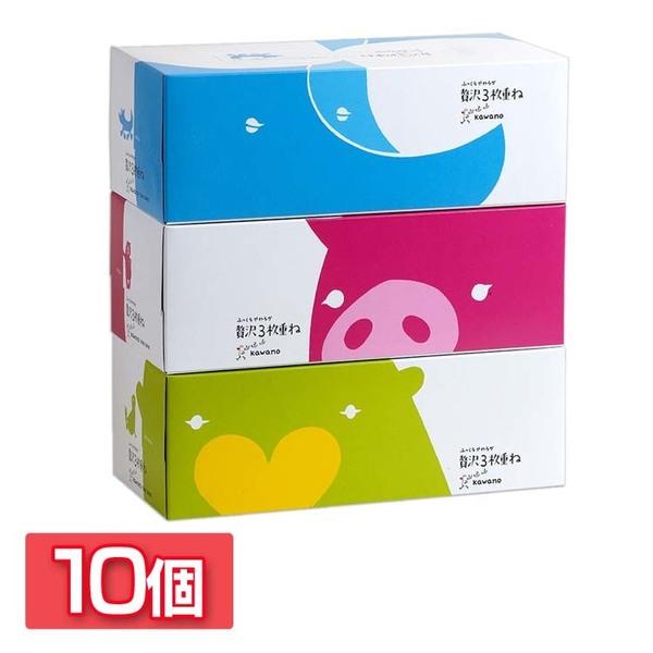 日用消耗品 家庭紙 ティッシュペーパー　【10個セット】ふっくらやわらか贅沢3枚重ね130組×3P 631210 河野 贅沢 3枚重ね ティッシュ ボックス ふき取り 吸水 ふんわり やわらかい ハイクオリティの通販は