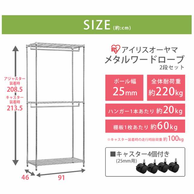 スチールラック SEW2-913EC メタルシェルフワードローブ２段タイプ SEW2-913EC メタルシェルフワードローブ メタルラック ラック ハンガ