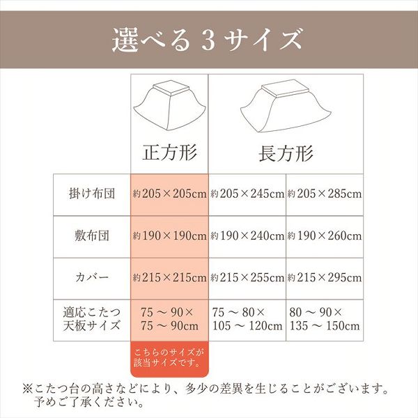 こたつ布団3点セット（こたつ掛布団 こたつ敷布団 こたつカバー）掛布団サイズ205×205cm 「こよみ」 3尺こたつ台適用 洗えるカバー付き こたつ 布団 大判 正方形 3尺 ふんわり 暖かい コタツ 日本製 三点セット_9