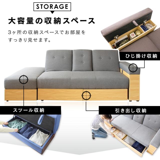 ソファ ソファー ソファベッド 3人掛け 収納付きソファ ローソファー