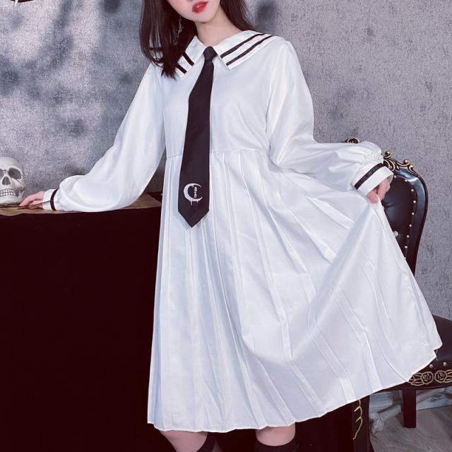 ゴスロリ系 ロリータ 白ワンピ 膝下丈 プリーツスカート 黒ネクタイ 女学院 制服風 病みかわいい 10代 代の通販はau Pay マーケット Ladies Seasonz Shop