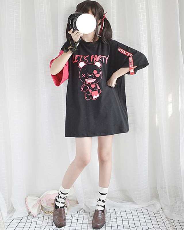 Tシャツ 7分袖 病みクマ Let S Party ロゴ プリント 病みかわいい オーバーサイズ オルチャン 原宿系 10代 代の通販はau Pay マーケット Ladies Seasonz Shop