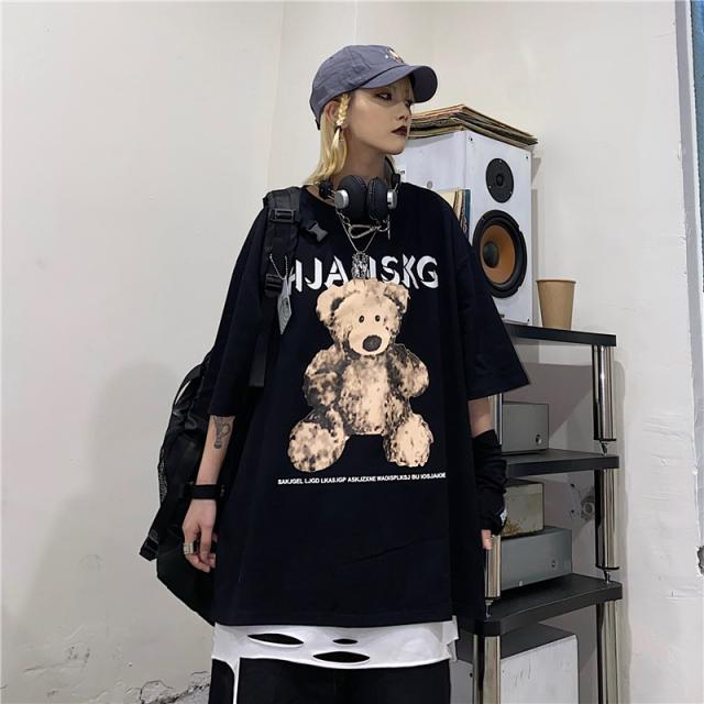ゴスロリ Tシャツ 半袖 クマちゃん プリント 病み可愛い ユニセックス 黒 白 オーバーサイズ ゆったり 原宿系 オルチャン 10代 20代｜au  PAY マーケット