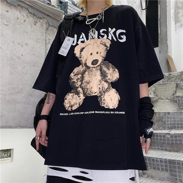 ゴスロリ Tシャツ 半袖 クマちゃん プリント 病み可愛い ユニセックス 黒 白 オーバーサイズ ゆったり 原宿系 オルチャン 10代 20代