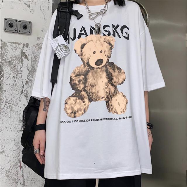 ゴスロリ Tシャツ 半袖 クマちゃん プリント 病み可愛い ユニセックス 黒 白 オーバーサイズ ゆったり 原宿系 オルチャン 10代 20代