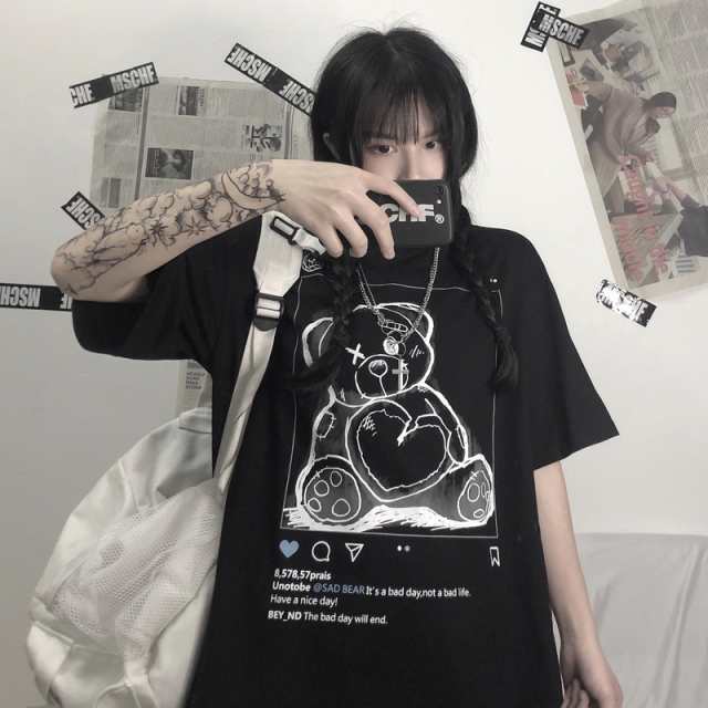 ゴスロリ ｔシャツ 病みかわいい クマちゃん プリント柄 黒 白シャツ ストリート系 病みかわいい 原宿系 オルチャン 韓国 10代 代の通販はau Pay マーケット Ladies Seasonz Shop