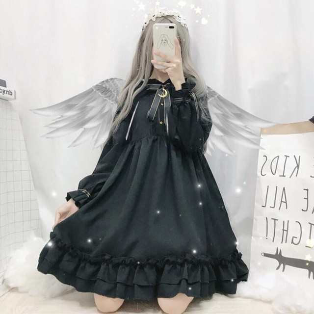 ゴスロリ ワンピース 袖コン フリル 病み可愛い ふんわり リボン 黒ワンピ 悪魔 ゴシック ロリータ
