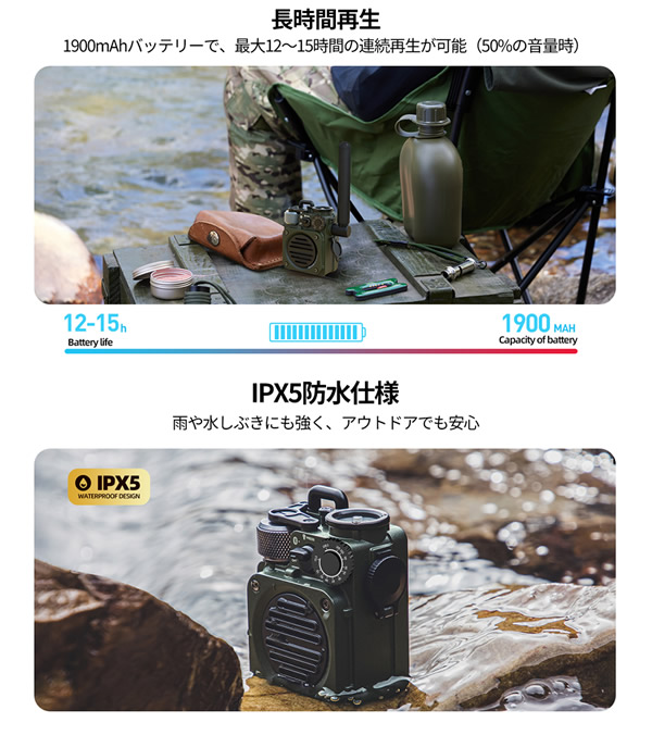 MUZEN Wild Mini 第3世代 Bluetoothスピーカー ミューゼン ワイルドミニ (送料無料) Bluetooth ブルートゥース 高音質 ワイヤレススピーカー FMラジオ IPX5 耐水 USB充電 小型 軽量 コンパクト ライト付き アウトドア キャンプ グランピング 登山 釣り ツーリング_2