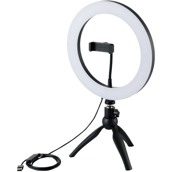 DE-L03BK LEDリングライト 自撮りライト 3色調光 最大1100lm 10段階調整 USB-A給電 ミニ三脚スタンド付 26cm ELECOM メーカー直送の通販は