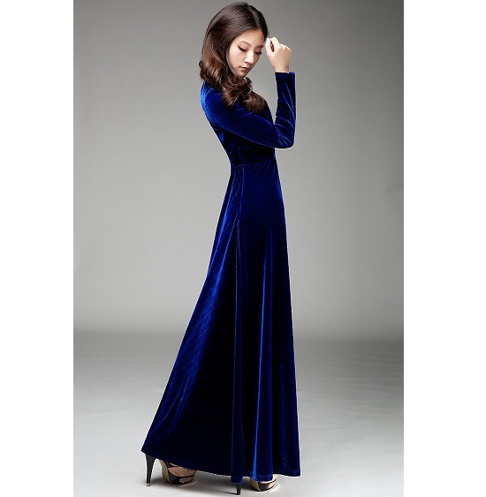 Vネック ベロア ハイウエスト ロング ドレス 青 マキシ丈 カシュクール ワンピース パーティーの通販はau Pay マーケット アールトレードショップ