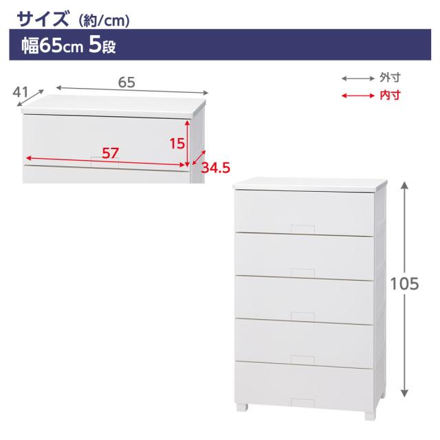 衣類ケース Fits フィッツチェスト フルフラット 幅65cm 5段 6505 ホワイト/グレー ｜ 天馬 洋服 収納 タンス 収納ケース