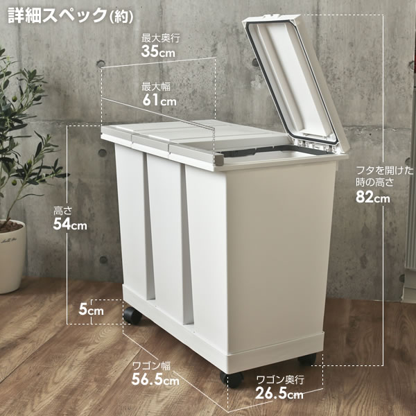 ゴミ箱 密閉プッシュ3分別ワゴン 20L×3 ホワイト ｜ 分別