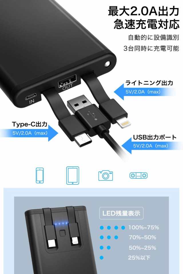 最新型 ケーブル内蔵 Pse認証済 Kyoka モバイルバッテリー 100mah 大容量 軽量 薄型 Lightning Usb C充電コード内蔵 の通販はau Pay マーケット Askrtech