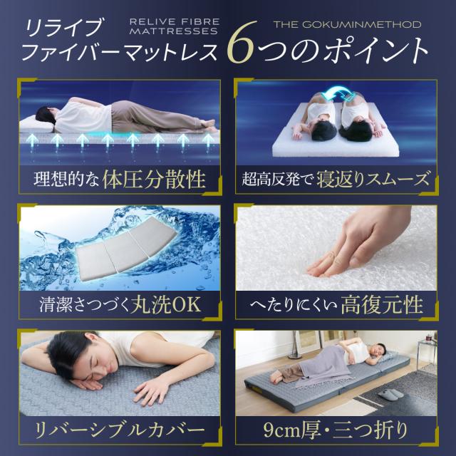 三つ折り マットレス 硬め 高反発 GOKUMIN 腰を支えるファイバーマットレス 厚さ9cm シングル 腰痛 腰対策 通気性 折りたたみ 折り畳み 洗える 丸洗い カビ 湿気 アレルギー 対策 リライブファイバーマットレス ベッドマットレス