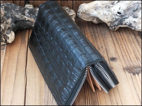 1円～ GODANE カイマンクロコ腹革 Wファスナージャバラ長財布 8055cpRD/BK ベリー / 内側一部擦れ跡訳有 カイマンワニ革 長財布 メンズ ラウンドファスナー カイマンクロコ