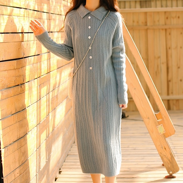 おすすめ 冬物 ニットワンピース ニット ワンピ 襟 ボタン ミモレ丈 Iライン ゆったり ガーリー シンプル Hfの通販はau Pay マーケット ｈａｒｕ ｆｏｏ