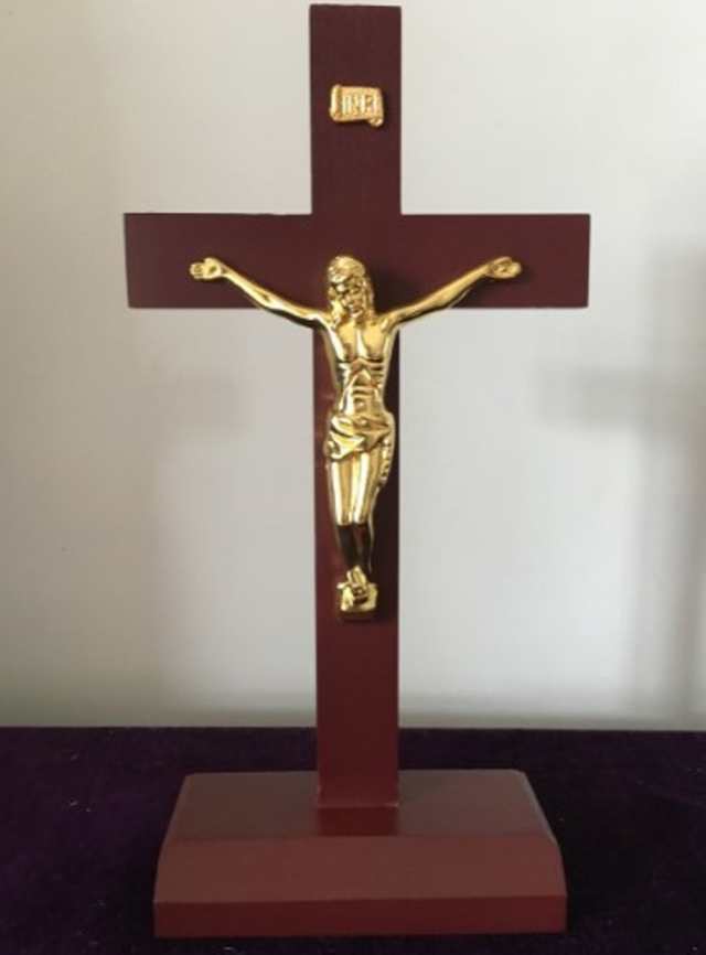 アンティーク 十字架 木と金属のクロス イエスとマリア パイン