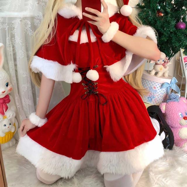 在庫限り】クリスマス ポンチョサンタ ロリータ ポンポン帽子 