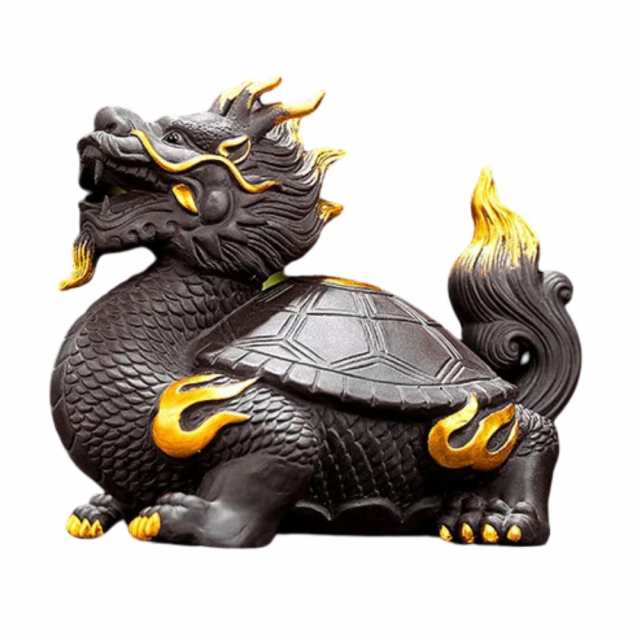 風水 龍亀 ロングイ ーVer4ー ブラック 陶器 髭金 天照亀 置物