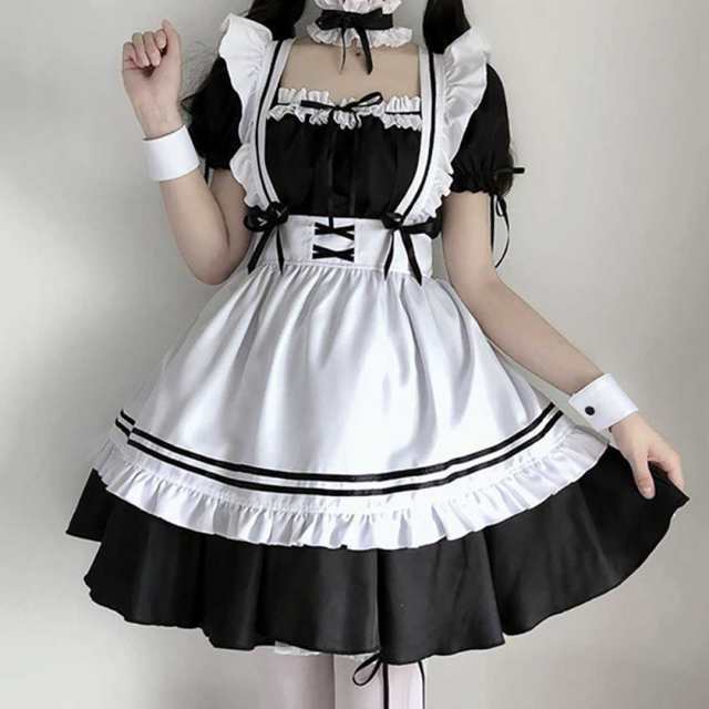 【在庫限り】 メイド服 ホワイト ブラック ハロウィン コスプレ メイド 定番 メイドカフェ 衣装 フルセット 仮装 衣装 コスチューム こす