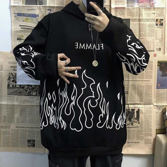 在庫限り】 パーカー 炎 ホワイトorブラック トップス 韓国  