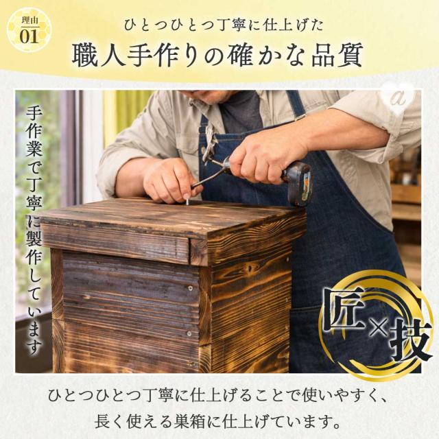【手作り杉材！完成品6点セット】日本語説明書付き ニホンミツバチ 重箱式巣箱 3段 国産 焼き処理済み 野ざらし済み 屋根付き 掃除用底板 出入口 土台付き 杉材 手作り 養蜂 巣落ち防止クロス仕様 ハチ ミツバチ 日本ミツバチ 飼育 はちみつ はちみつ箱 スタートキット_4