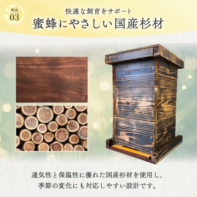 【手作り杉材！完成品6点セット】日本語説明書付き ニホンミツバチ 重箱式巣箱 3段 国産 焼き処理済み 野ざらし済み 屋根付き 掃除用底板 出入口 土台付き 杉材 手作り 養蜂 巣落ち防止クロス仕様 ハチ ミツバチ 日本ミツバチ 飼育 はちみつ はちみつ箱 スタートキット_7