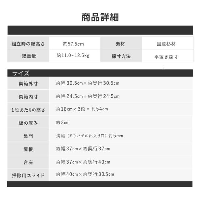 【手作り杉材！完成品6点セット】日本語説明書付き ニホンミツバチ 重箱式巣箱 3段 国産 焼き処理済み 野ざらし済み 屋根付き 掃除用底板 出入口 土台付き 杉材 手作り 養蜂 巣落ち防止クロス仕様 ハチ ミツバチ 日本ミツバチ 飼育 はちみつ はちみつ箱 スタートキット_10