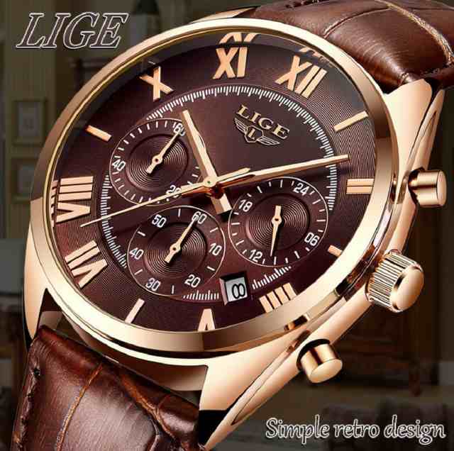 LIGE 高級腕時計 腕時計 ウォッチ ブラウン レザー ビジネス ストップ