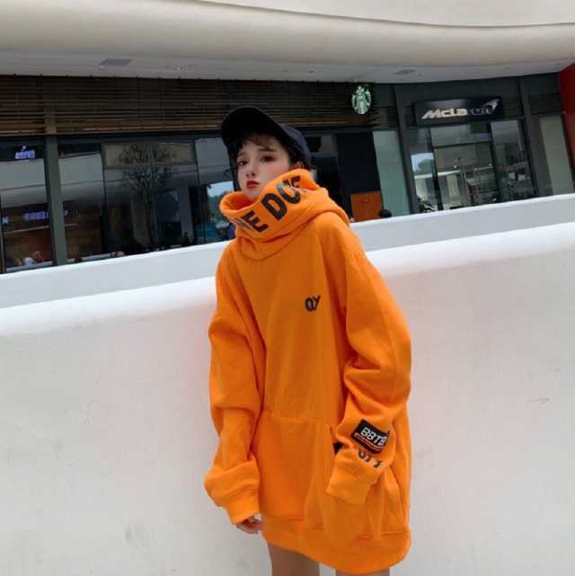 パーカー OYYビッグフードパーカー ブラックorオレンジ 韓国ファッション パーカー おしゃれ 服 フード付き ペア カップル 服 メンズ レ