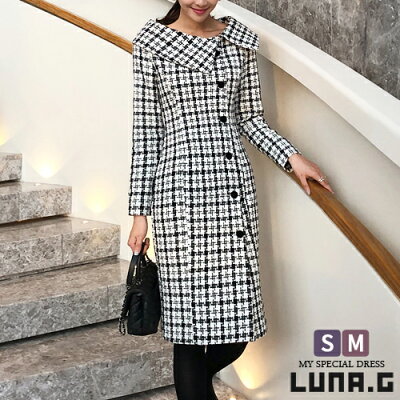 ハウンドトゥースチェックツイードフォーマルワンピースサイドウェイカラー 千鳥格子 ツイード ワンピース フォーマル の通販はau Pay マーケット ルナジー Luna G