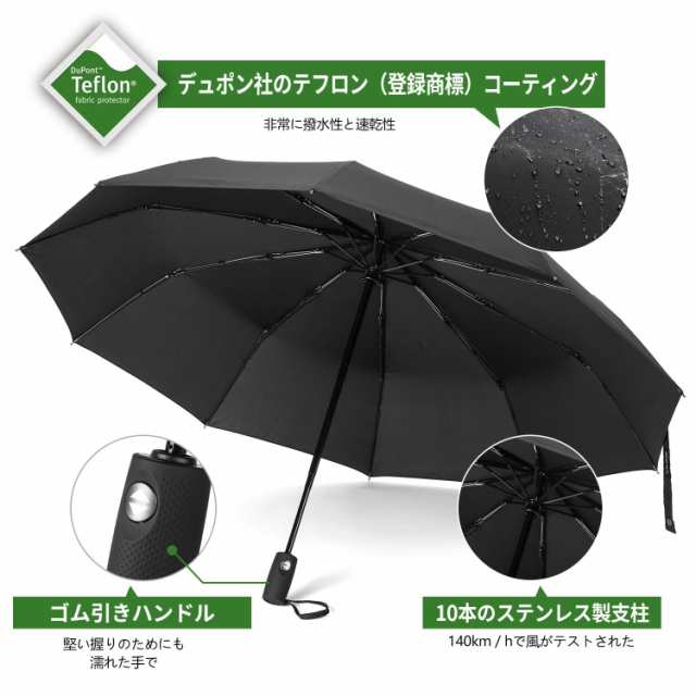 折りたたみ傘 防風傘 ワンタッチ自動開閉 テフロン加工 10本骨 晴雨兼用 ギフトボックス 収納 滑り止め 快適なハンドル ブラックの通販はau Pay マーケット ショップ エリカ