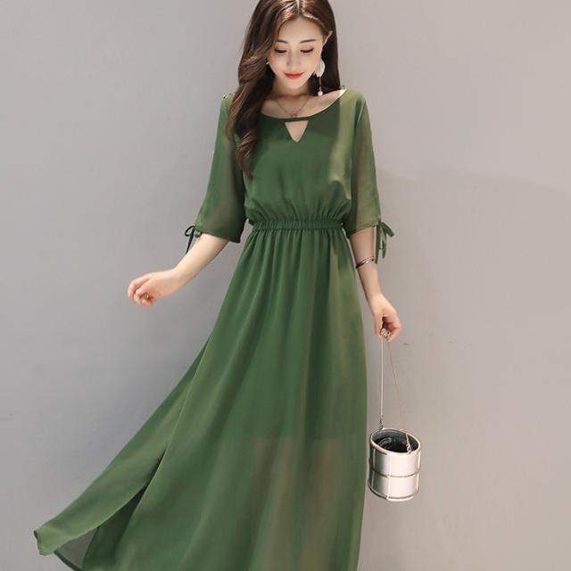 パーティドレス 結婚式 ロングドレス 同窓会 二次会 お呼ばれ ワンピース 袖あり 代 30代 マキシ丈 グリーン シフォン ラウンドネックの通販はau Pay マーケット La Vie En Rose