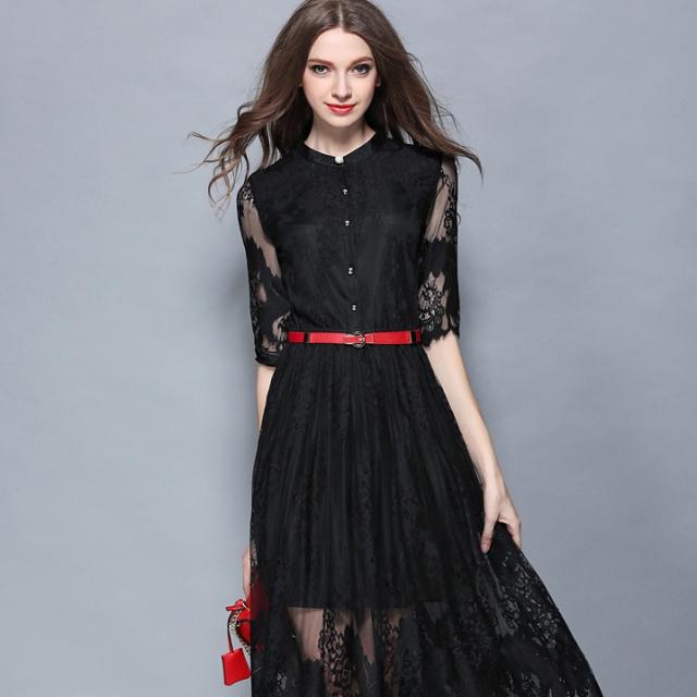 パーティドレス 結婚式 同窓会 二次会 ワンピース ミモレ丈 個性的 袖あり 黒 白 可愛い きれい 代 30代 ベルト レース クルーネックの通販はau Pay マーケット La Vie En Rose