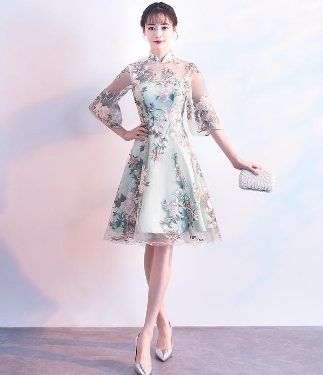 パーティドレス 結婚式 同窓会 二次会 ワンピース 袖あり 膝丈 代 30代 お呼ばれ チャイナ風 Aライン レース フラワー 花 刺繍の通販はau Pay マーケット La Vie En Rose