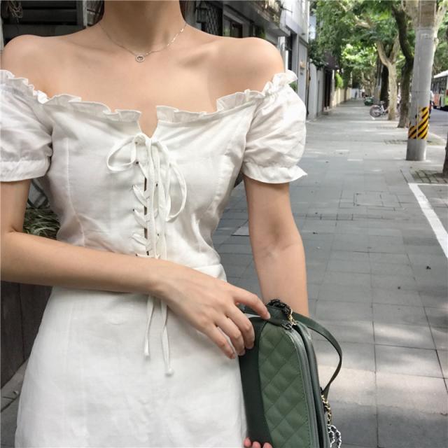 オフショルダー ワンピース ミニワンピ レースアップ パフスリーブ フリル シンプル カジュアルタイト 無地 ホワイト 白 大人の通販はau Pay マーケット La Vie En Rose