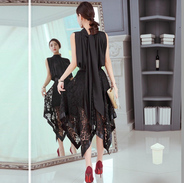 パーティドレス 結婚式 同窓会 二次会 ワンピース 膝丈 ロング 代 30代 個性的 体型カバー 黒 お呼ばれ アシメ ノースリーブ レースの通販はau Pay マーケット La Vie En Rose