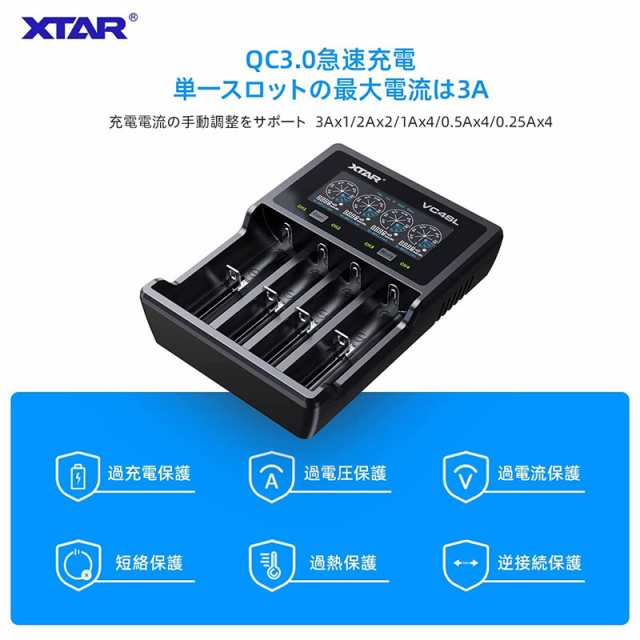 XTAR VC4SL（VC4S 18650急速電池充電器/QC3.0最大3Ax1/Type-C入力 3.6V/3.7Vリチウムイオン電池 10400～32650  保護回路付21700電池対応 1の通販はau PAY マーケット - makana mall