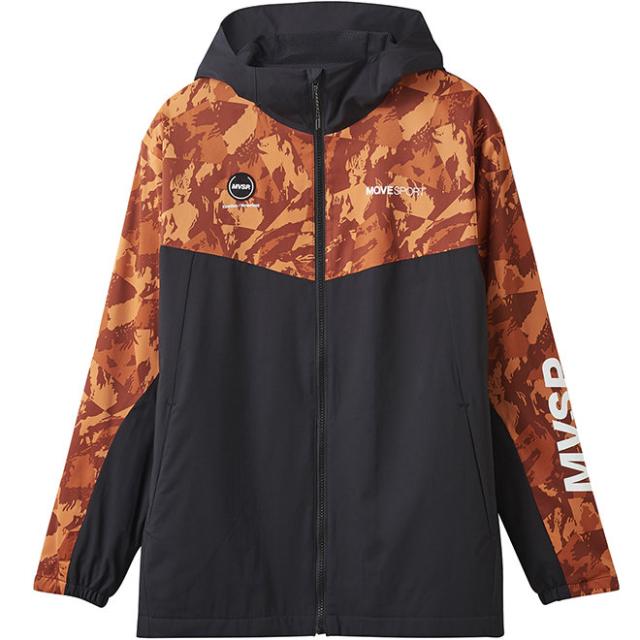 ムーブスポーツ 撥水ジャケット フード付き HEATNAVI 総柄グラフィック スリーブロゴ フルジップフーディー メンズ オレンジ/ブラック DMMWJF30-ORBK MOVE Sport デサント